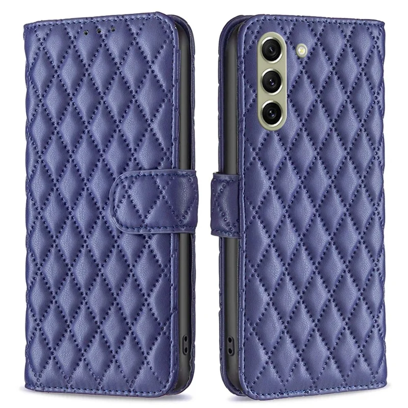 BINFEN COLOR For Samsung Galaxy S21 FE 5G Wallet Cover, BF Style-14 Imprinted Rhombus Pattern Stand Function Matte PU Leather Case - Blue