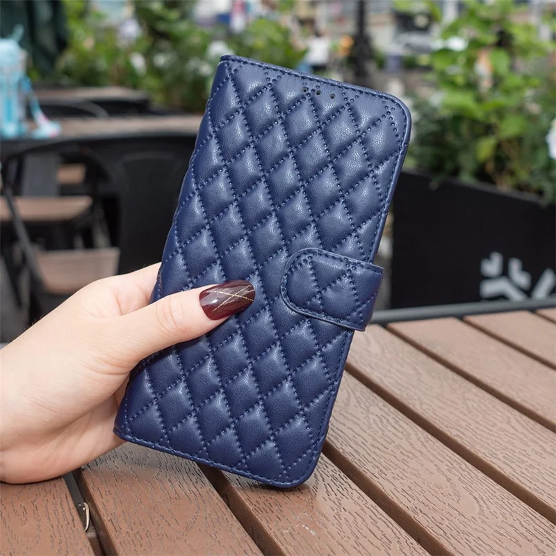 BINFEN COLOR For Samsung Galaxy S21 FE 5G Wallet Cover, BF Style-14 Imprinted Rhombus Pattern Stand Function Matte PU Leather Case - Blue