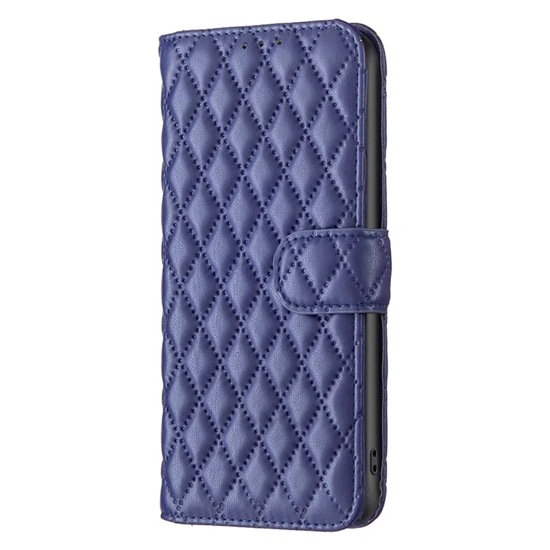 BINFEN COLOR For Samsung Galaxy S21 FE 5G Wallet Cover, BF Style-14 Imprinted Rhombus Pattern Stand Function Matte PU Leather Case - Blue