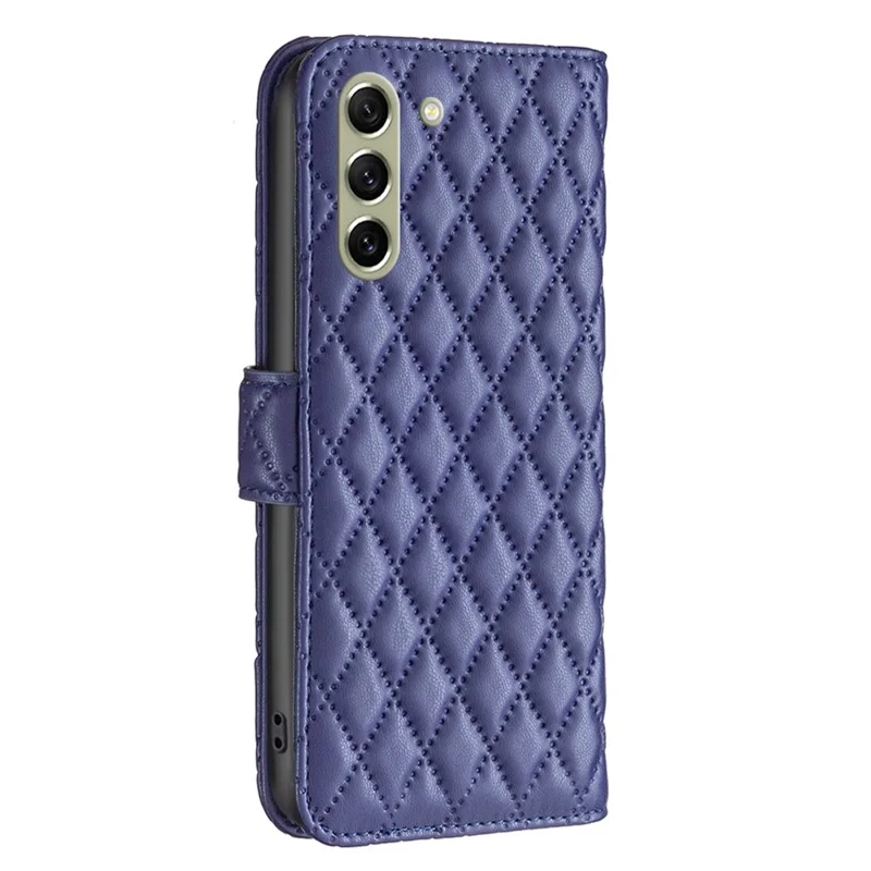 BINFEN COLOR For Samsung Galaxy S21 FE 5G Wallet Cover, BF Style-14 Imprinted Rhombus Pattern Stand Function Matte PU Leather Case - Blue