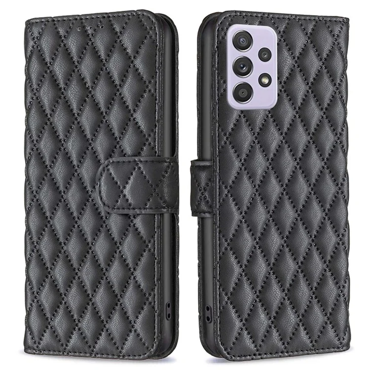 BINFEN COLOR For Samsung Galaxy A52 4G / 5G / A52s 5G PU Leather Shell, BF Style-14 Imprinted Rhombus Pattern Wallet Cover Matte Phone Stand Case - Black