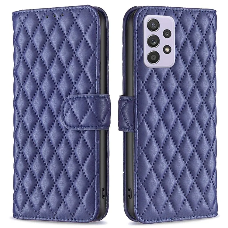 BINFEN COLOR For Samsung Galaxy A52 4G / 5G / A52s 5G PU Leather Shell, BF Style-14 Imprinted Rhombus Pattern Wallet Cover Matte Phone Stand Case - Blue