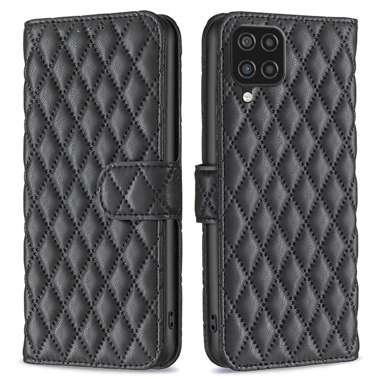BINFEN COLOR para Samsung Galaxy A12 4G Capa de Carteira, BF Style-14 Capa de Couro PU Revestida Resistente a Quedas com Padrão de Rombos em Relevo - Preta