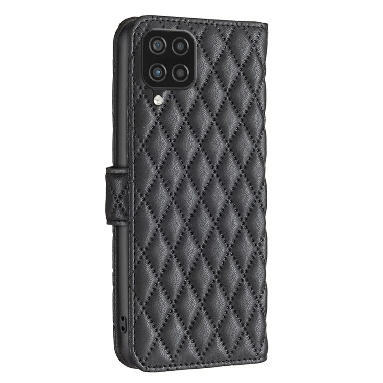 BINFEN COLOR para Samsung Galaxy A12 4G Capa de Carteira, BF Style-14 Capa de Couro PU Revestida Resistente a Quedas com Padrão de Rombos em Relevo - Preta