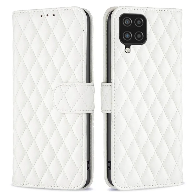 BINFEN COLOR For Samsung Galaxy A12 4G Wallet Cover, BF Style-14 Drop Resistant Imprinted Rhombus Pattern Stand Matte PU Leather Case - White
