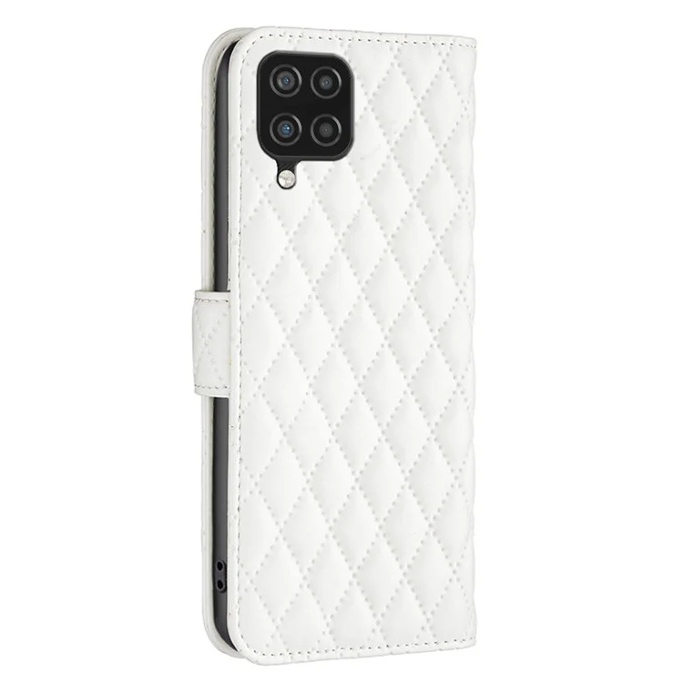 BINFEN COLOR For Samsung Galaxy A12 4G Wallet Cover, BF Style-14 Drop Resistant Imprinted Rhombus Pattern Stand Matte PU Leather Case - White