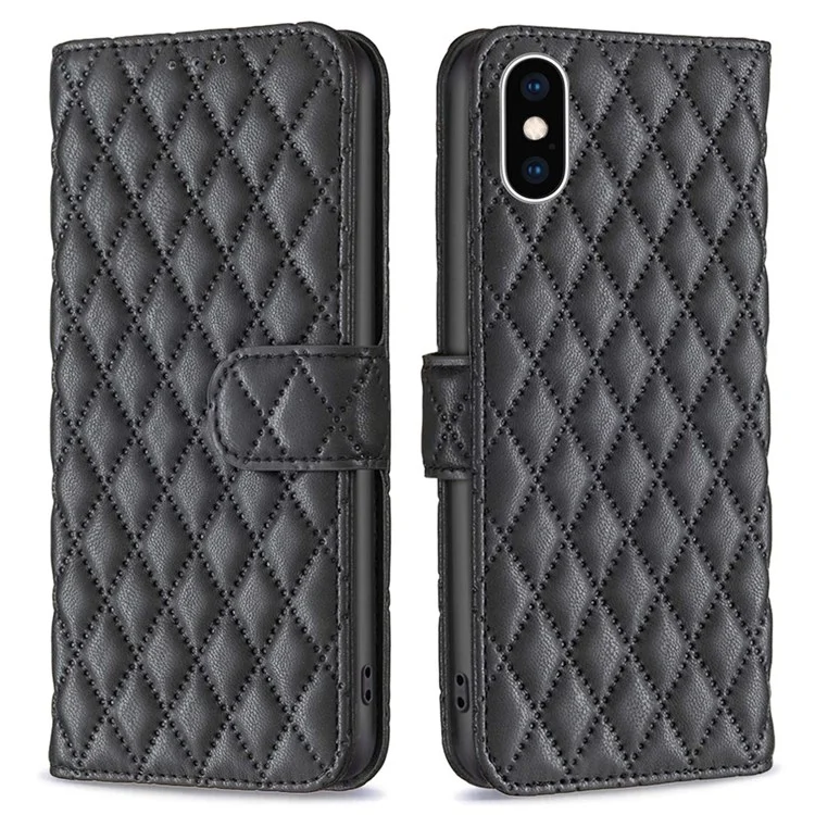 BINFEN COLOR For iPhone XS Max 6.5 inch Wallet Cover, BF Style-14 Imprinted Rhombus Pattern Overall Coverage Stand Matte PU Leather Case - Black