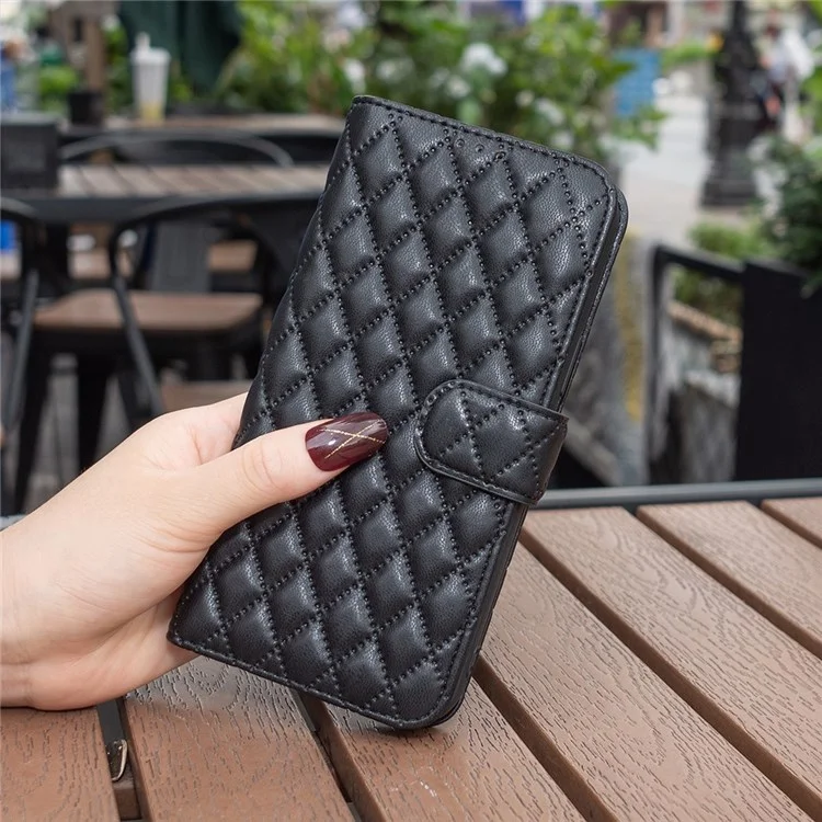 BINFEN COLOR For iPhone XS Max 6.5 inch Wallet Cover, BF Style-14 Imprinted Rhombus Pattern Overall Coverage Stand Matte PU Leather Case - Black