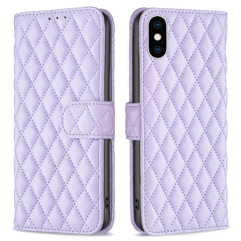 BINFEN COLOR For iPhone XS Max 6.5 inch Wallet Cover, BF Style-14 Imprinted Rhombus Pattern Overall Coverage Stand Matte PU Leather Case - Purple