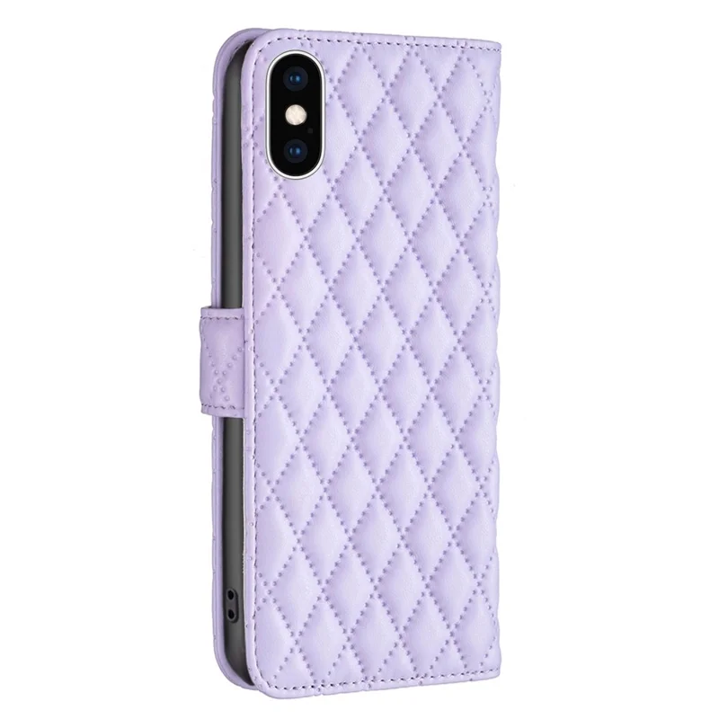 BINFEN COLOR For iPhone XS Max 6.5 inch Wallet Cover, BF Style-14 Imprinted Rhombus Pattern Overall Coverage Stand Matte PU Leather Case - Purple