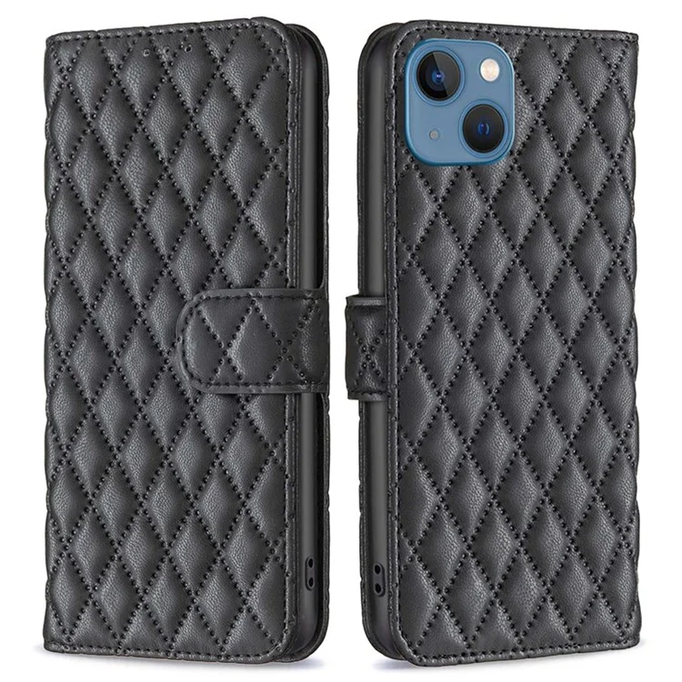 BINFEN COLOR Wallet Case Stand für iPhone 13 6.1 Zoll, BF Style-14 Anti-Kratzer geprägte Rautenmuster PU-Leder Schutzhülle Kartenfach - Schwarz