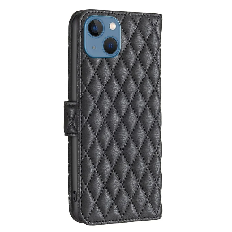 BINFEN COLOR Wallet Case Stand für iPhone 13 6.1 Zoll, BF Style-14 Anti-Kratzer geprägte Rautenmuster PU-Leder Schutzhülle Kartenfach - Schwarz
