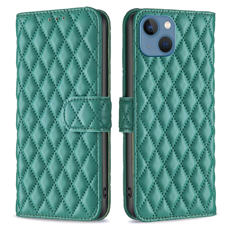 BINFEN COLOR Wallet Case Stand for iPhone 13 6.1 inch, BF Style-14 Anti-scratch Imprinted Rhombus Pattern PU Leather Phone Protective Cover Card Holder - Green