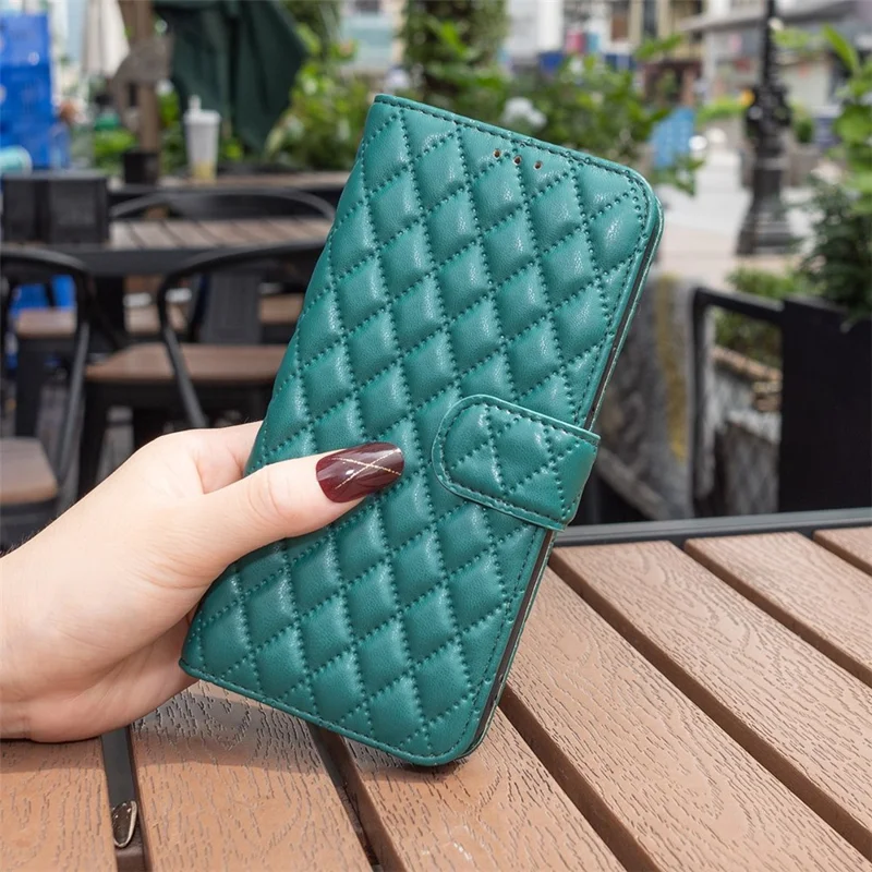 BINFEN COLOR Wallet Case Stand for iPhone 13 6.1 inch, BF Style-14 Anti-scratch Imprinted Rhombus Pattern PU Leather Phone Protective Cover Card Holder - Green
