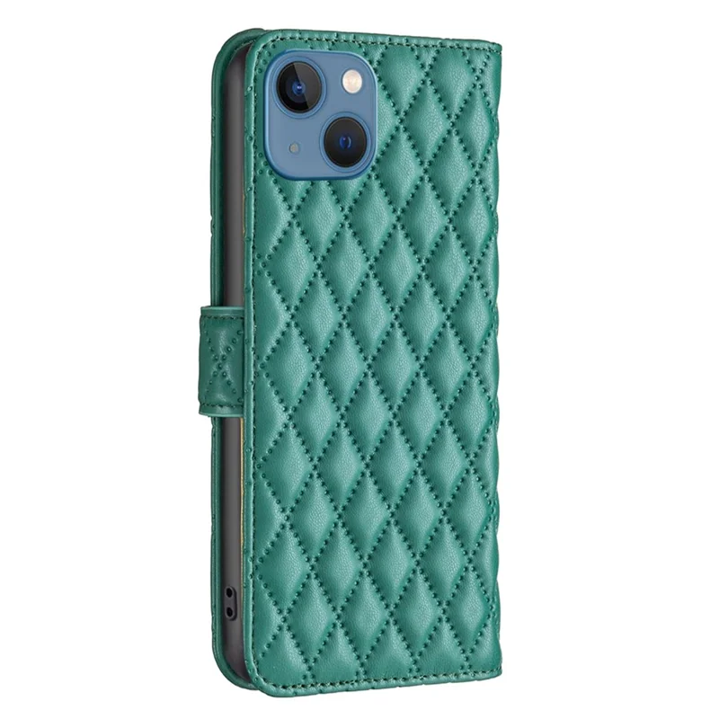 BINFEN COLOR Wallet Case Stand for iPhone 13 6.1 inch, BF Style-14 Anti-scratch Imprinted Rhombus Pattern PU Leather Phone Protective Cover Card Holder - Green