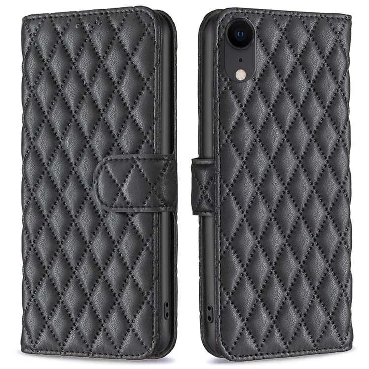 Binfen Color Wallet Book Style Cover Für Iphone XR 6,1 Zoll, BF Style-14 Eingeprägter Rhombusmuster Matt Anti-drop-telefonhülle Mit Ständer - Schwarz