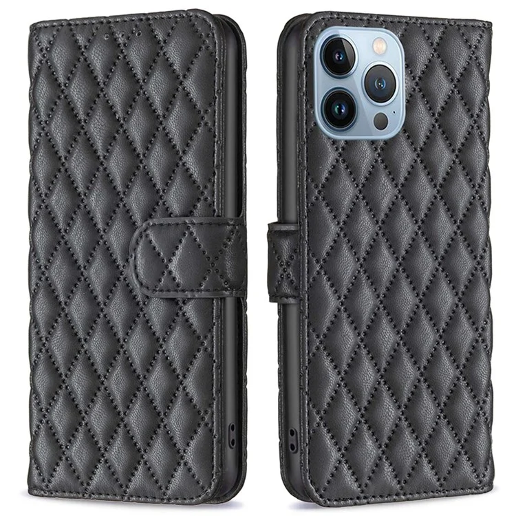 BINFEN COLOR Matte Phone Cover for iPhone 13 Pro 6.1 inch BF Style-14 Full Coverage PU Leather Flip Wallet Case Stand with Imprinted Rhombus Pattern - Black