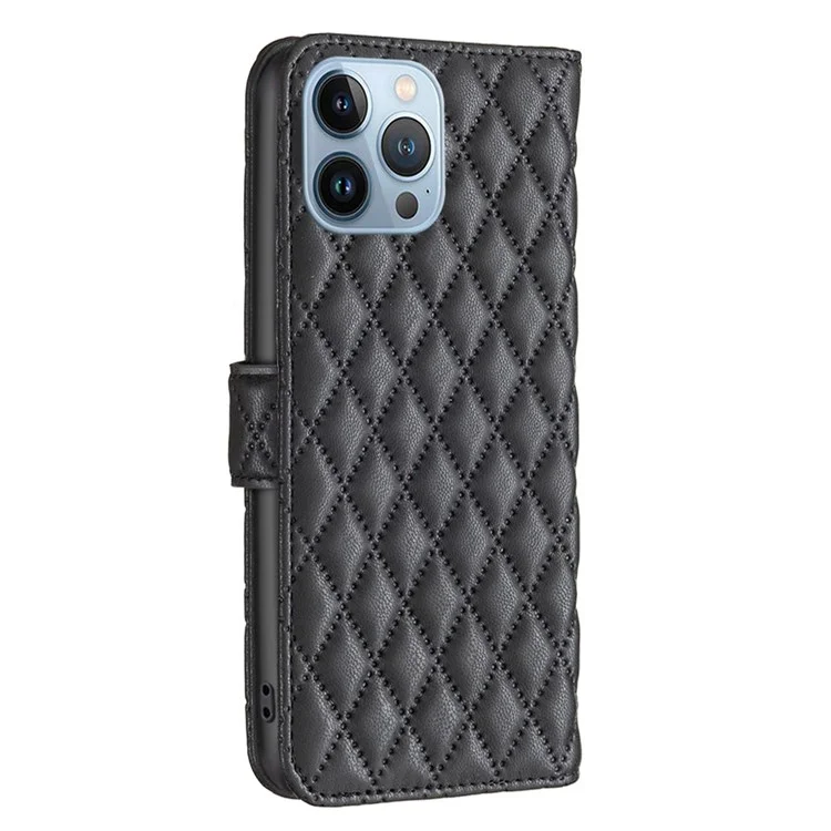 BINFEN COLOR Matte Phone Cover for iPhone 13 Pro 6.1 inch BF Style-14 Full Coverage PU Leather Flip Wallet Case Stand with Imprinted Rhombus Pattern - Black