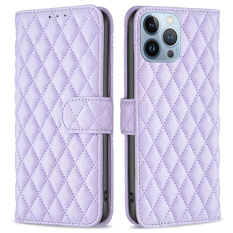 BINFEN COLOR Matte Phone Cover for iPhone 13 Pro 6.1 inch BF Style-14 Full Coverage PU Leather Flip Wallet Case Stand with Imprinted Rhombus Pattern - Purple