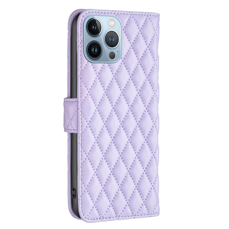 BINFEN COLOR Matte Phone Cover for iPhone 13 Pro 6.1 inch BF Style-14 Full Coverage PU Leather Flip Wallet Case Stand with Imprinted Rhombus Pattern - Purple