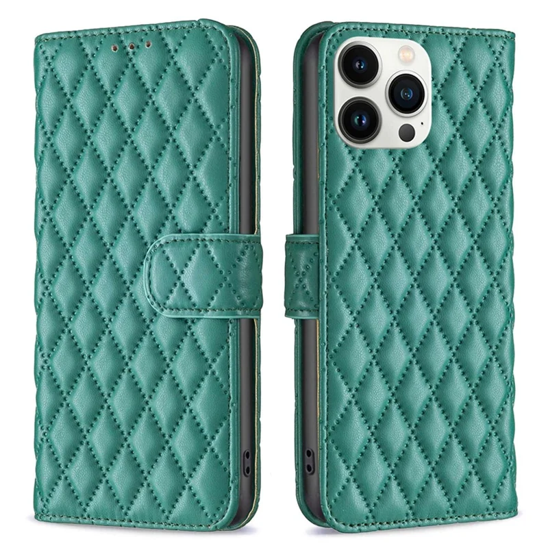 BINFEN COLOR for iPhone 13 Pro Max 6.7 inch BF Style-14 Shockproof Flip Case Imprinted Rhombus Pattern Anti-fall PU Leather Wallet Cover with Stand - Green