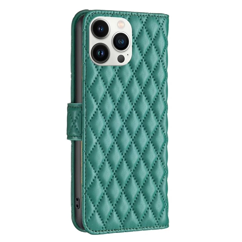 BINFEN COLOR for iPhone 13 Pro Max 6.7 inch BF Style-14 Shockproof Flip Case Imprinted Rhombus Pattern Anti-fall PU Leather Wallet Cover with Stand - Green