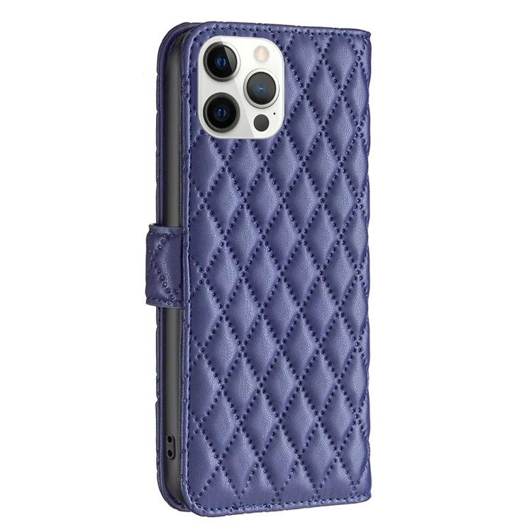 BINFEN COLOR Shockproof Wallet Case For iPhone 12 Pro Max 6.7 inch, BF Style-14 Imprinted Rhombus Pattern PU Leather Matte Anti-wear Phone Cover with Stand - Blue