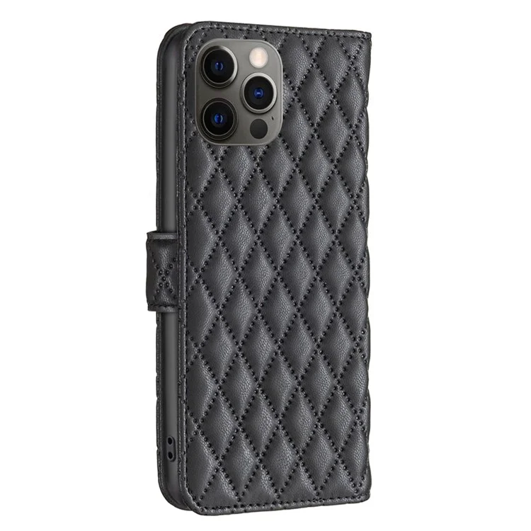 BINFEN COLOR For iPhone 12 Pro 6.1 inch BF Style-14 Imprinted Rhombus Pattern Leather Wallet Case with Credit Card Holder Flip Folio Book Magnetic PU Phone Cover - Black