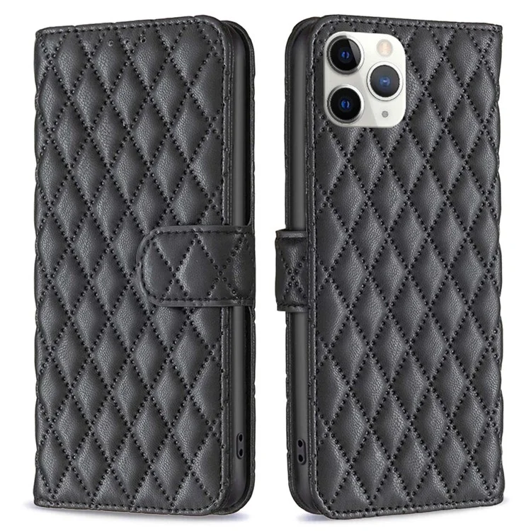 BINFEN COLOR für iPhone 11 Pro 5,8 Zoll Brieftaschencover, BF Style-14 geprägtes Rautenmuster, stoßfest, mattes PU-Leder-Etui - Schwarz