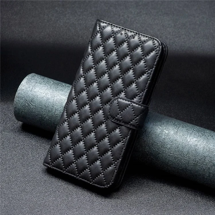 BINFEN COLOR für iPhone 11 Pro 5,8 Zoll Brieftaschencover, BF Style-14 geprägtes Rautenmuster, stoßfest, mattes PU-Leder-Etui - Schwarz