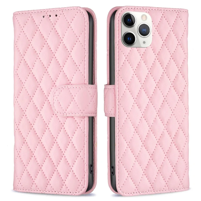 BINFEN COLOR For iPhone 11 Pro 5.8 inch Wallet Cover, BF Style-14 Imprinted Rhombus Pattern Stand Shockproof Matte PU Leather Case - Pink