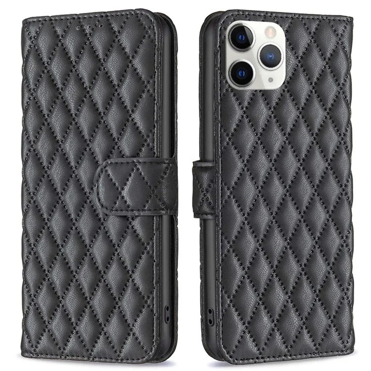 BINFEN COLOR Für iPhone 11 Pro Max 6.5 Zoll BF Style-14 Geprägtes Rautenmuster PU-Leder-Geldbörsengehäuse Einstellbarer Ständer Matt Schützendes Handyhülle - Schwarz
