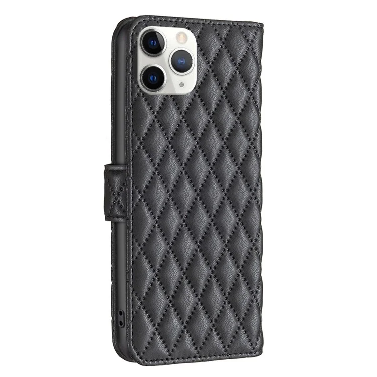 BINFEN COLOR Für iPhone 11 Pro Max 6.5 Zoll BF Style-14 Geprägtes Rautenmuster PU-Leder-Geldbörsengehäuse Einstellbarer Ständer Matt Schützendes Handyhülle - Schwarz