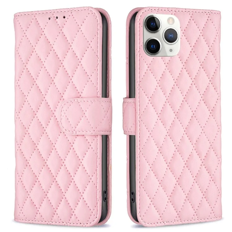 Color Binfen Para Iphone 11 Pro Max 6.5 Pulgadas BF Estilo-14 Patrón de Rombo Impreso PU Cuero Funda de Cuero Stand Ajustable Protective Phone Shell - Rosado