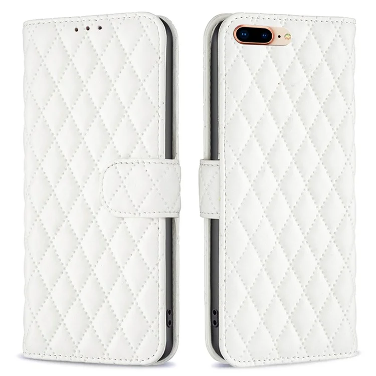 Color Binfen Para Iphone 7 Plus / 8 Más de 5.5 Pulgadas de Estilo Bf-14 Teléfono Mate Con un Patrón de Rombo Impreso Anti-fall PU Leather Willet Stand - Blanco