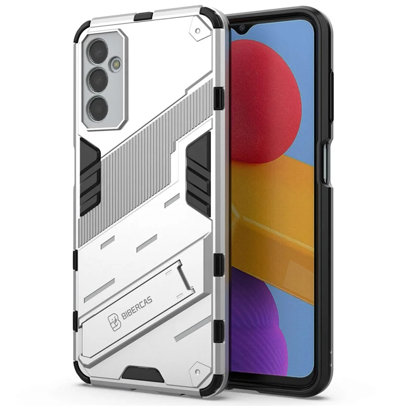 For Samsung Galaxy M13 4G Kickstand Protective Phone Case Drop-proof Hard PC Soft TPU Hybrid Cover - White