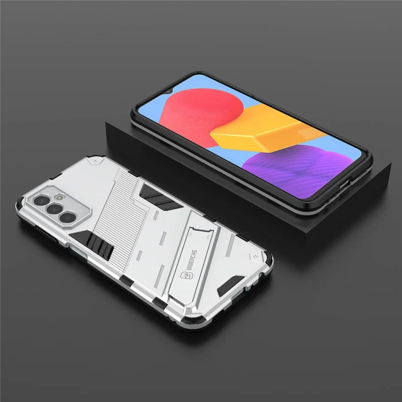 For Samsung Galaxy M13 4G Kickstand Protective Phone Case Drop-proof Hard PC Soft TPU Hybrid Cover - White