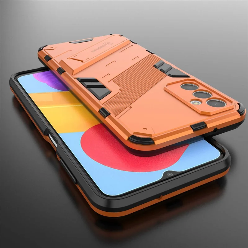 For Samsung Galaxy M13 4G Kickstand Protective Phone Case Drop-proof Hard PC Soft TPU Hybrid Cover - Orange