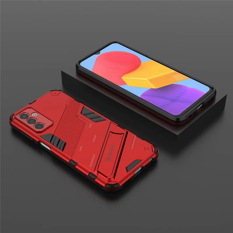 For Samsung Galaxy M13 4G Kickstand Protective Phone Case Drop-proof Hard PC Soft TPU Hybrid Cover - Red