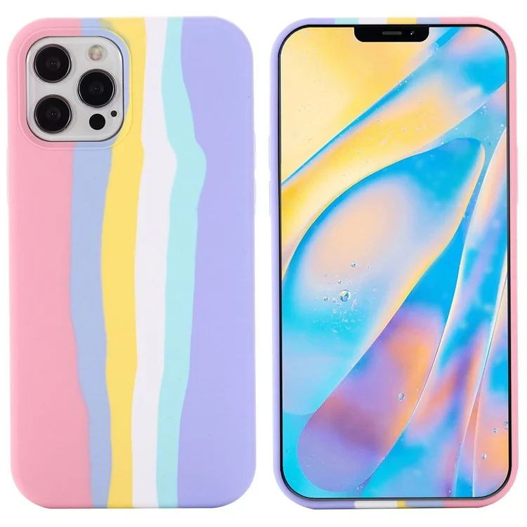 For iPhone 14 Pro 6.1 inch Stylish Rainbow Design Phone Back Cover Liquid Silicone Protective Case - Pink