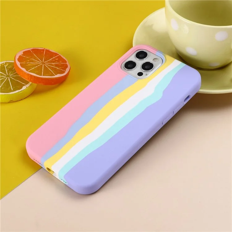 For iPhone 14 Pro 6.1 inch Stylish Rainbow Design Phone Back Cover Liquid Silicone Protective Case - Pink