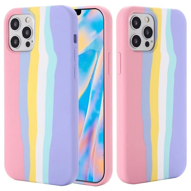 For iPhone 14 Pro 6.1 inch Stylish Rainbow Design Phone Back Cover Liquid Silicone Protective Case - Pink