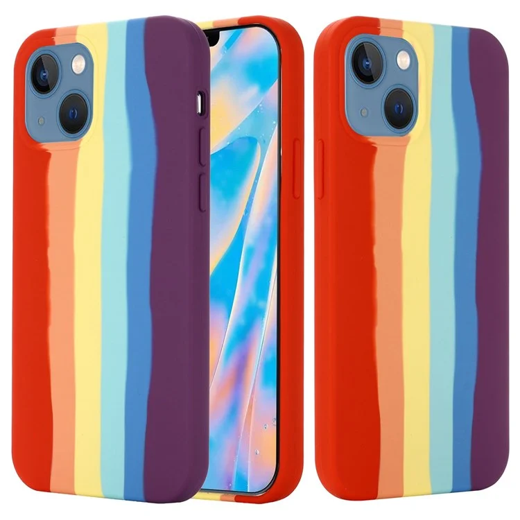 For iPhone 14 Plus 6.7 inch Rainbow Design Liquid Silicone Phone Back Cover Anti-scratch Anti-drop Case - Red