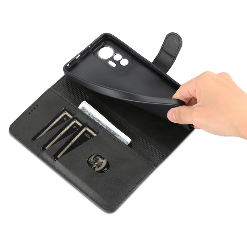 AZNS For Xiaomi 12 Lite 5G PU Leather Folio Flip Phone Cover Anti-drop Protection Stand Wallet Case - Black