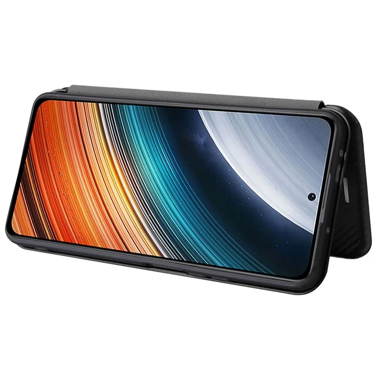 For Xiaomi Redmi K40S 5G / Poco F4 5G Carbon Fiber Texture Card Holder PU Leather Shockproof Cover Phone Case with Stand - Black