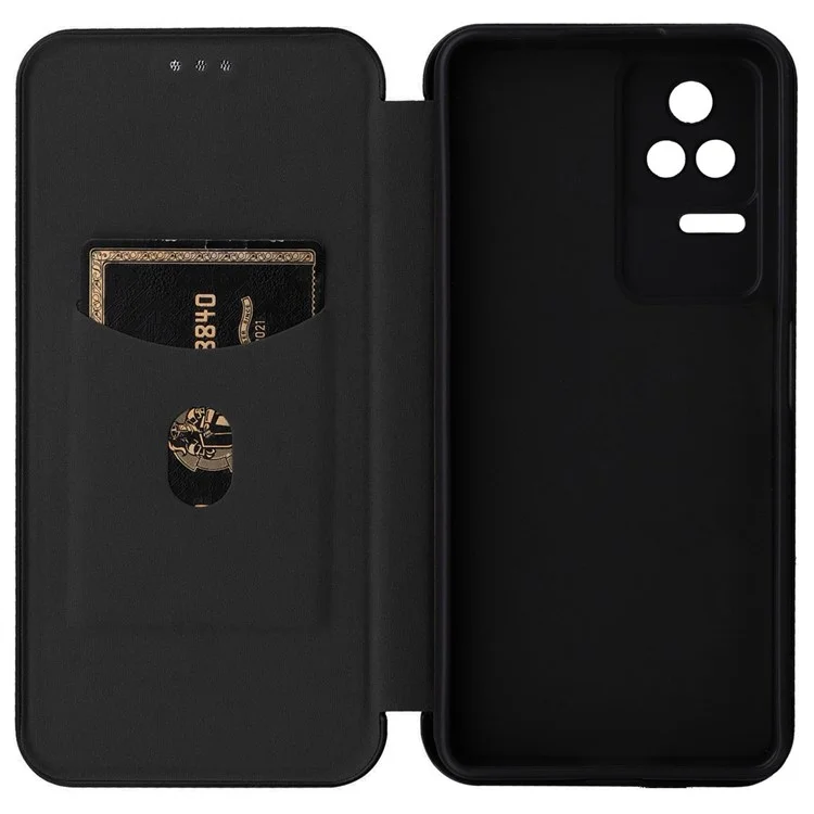 For Xiaomi Redmi K40S 5G / Poco F4 5G Carbon Fiber Texture Card Holder PU Leather Shockproof Cover Phone Case with Stand - Black