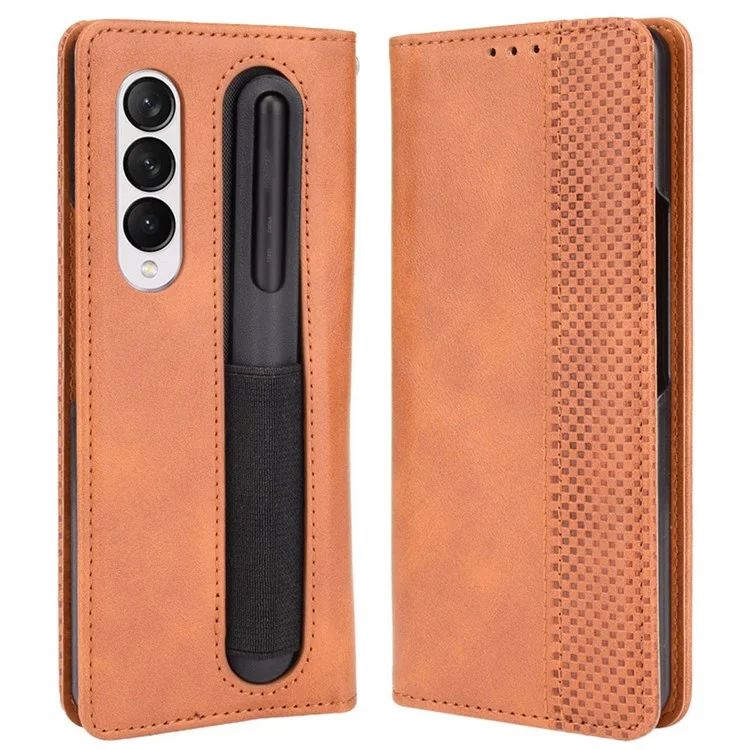 Para Samsung Galaxy Z Fold4 5G Case de Teléfono Retro Tapa de Cuero a Prueba de Choque Con Textura Con Ranura Para Lápiz - Marrón