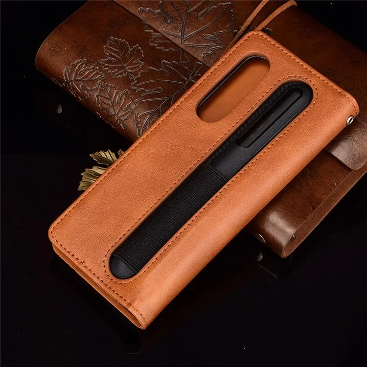 Para Samsung Galaxy Z Fold4 5G Case de Teléfono Retro Tapa de Cuero a Prueba de Choque Con Textura Con Ranura Para Lápiz - Marrón