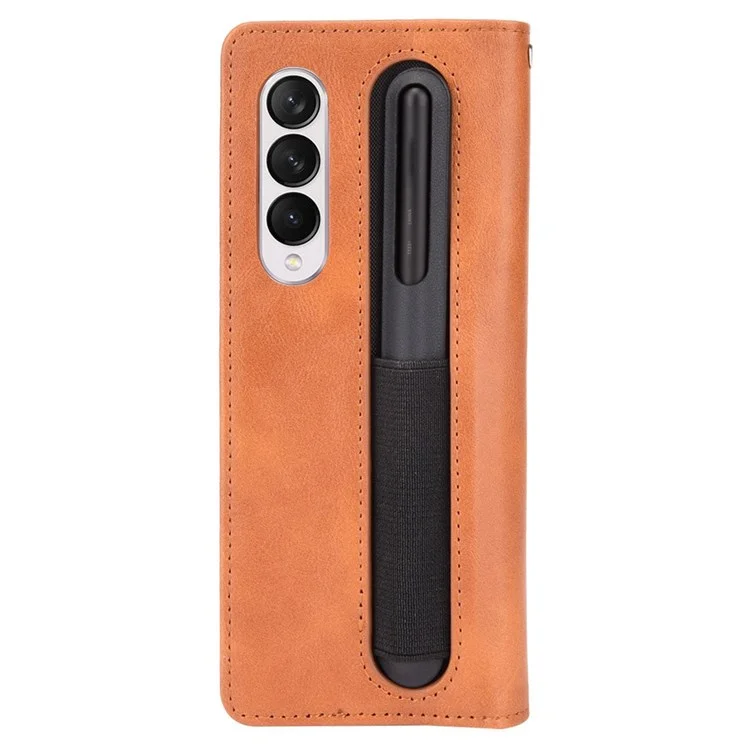 Para Samsung Galaxy Z Fold4 5G Case de Teléfono Retro Tapa de Cuero a Prueba de Choque Con Textura Con Ranura Para Lápiz - Marrón