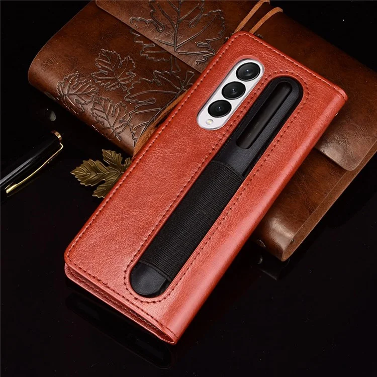 Für Samsung Galaxy Z Fold4 5G Handyhülle Crazy Horse Textur PU-Leder Cover mit Stiftschlitz / Ständer Magnetischer Verschluss Handyhülle - Braun